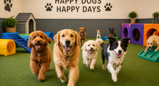 Happy dogs running in indoor daycare play centre